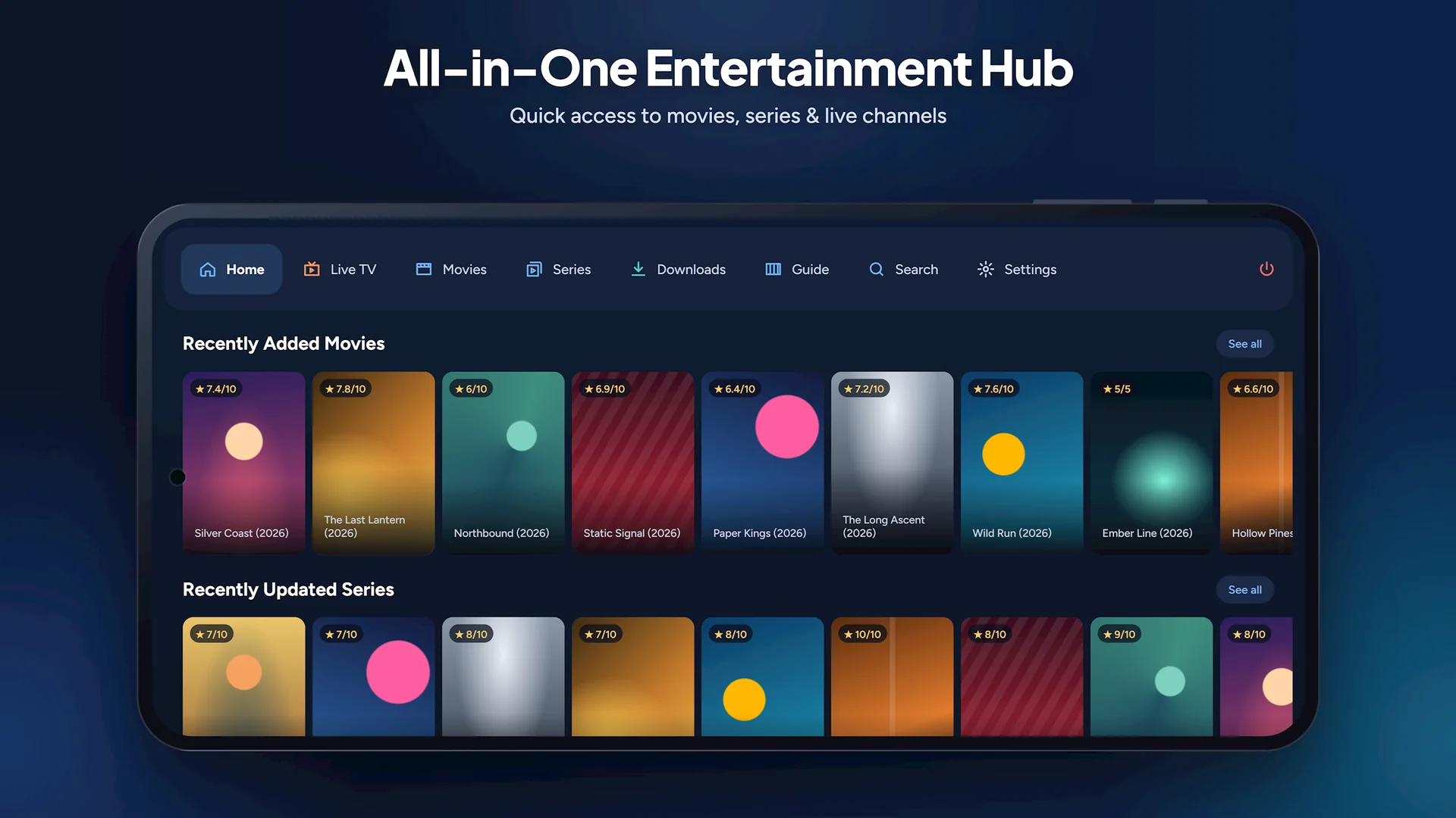 Phone — Home: recently added movies, recently updated series and live channels on one screen