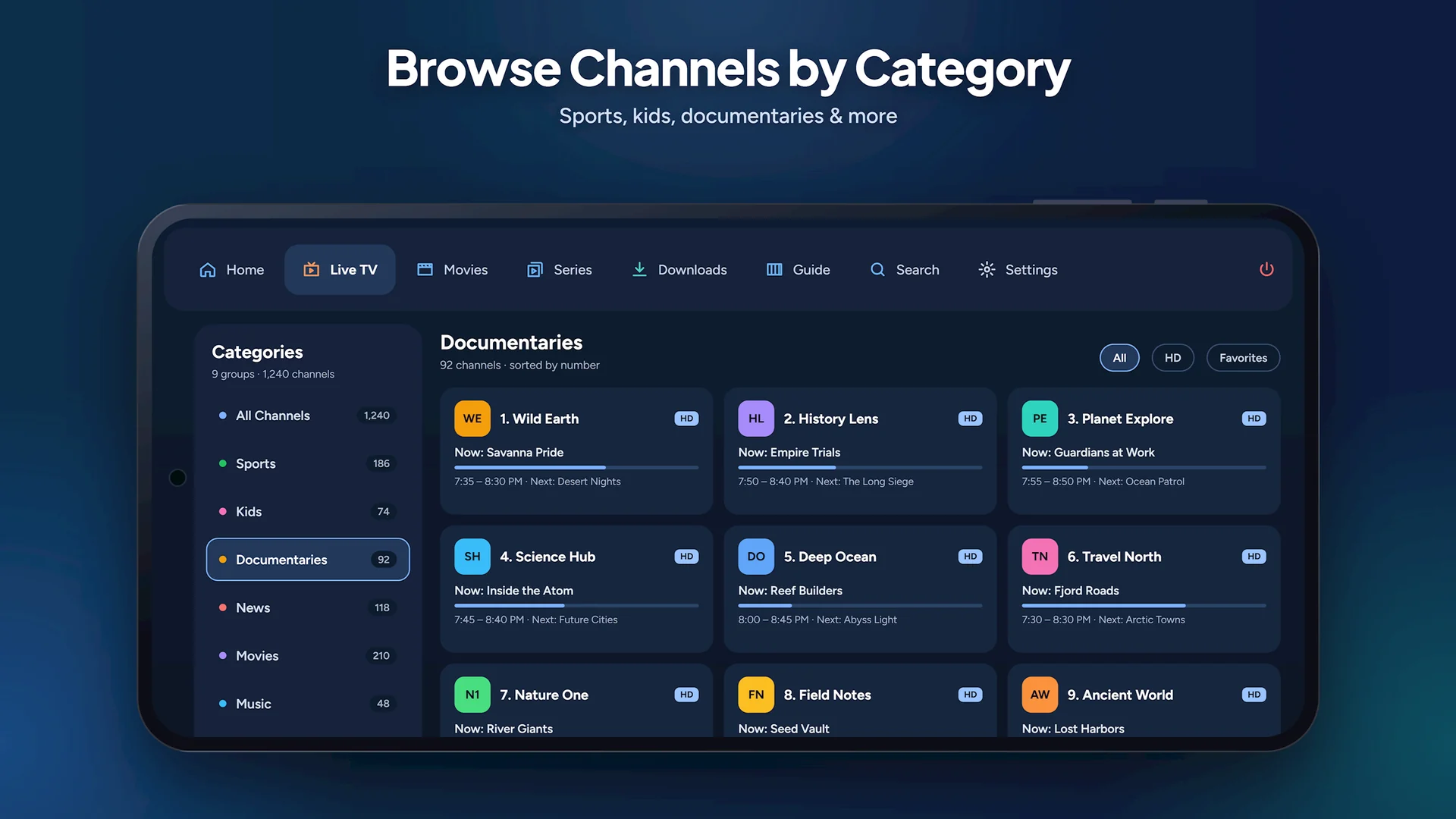 Phone — Live TV: channels grouped by category, with what is on now