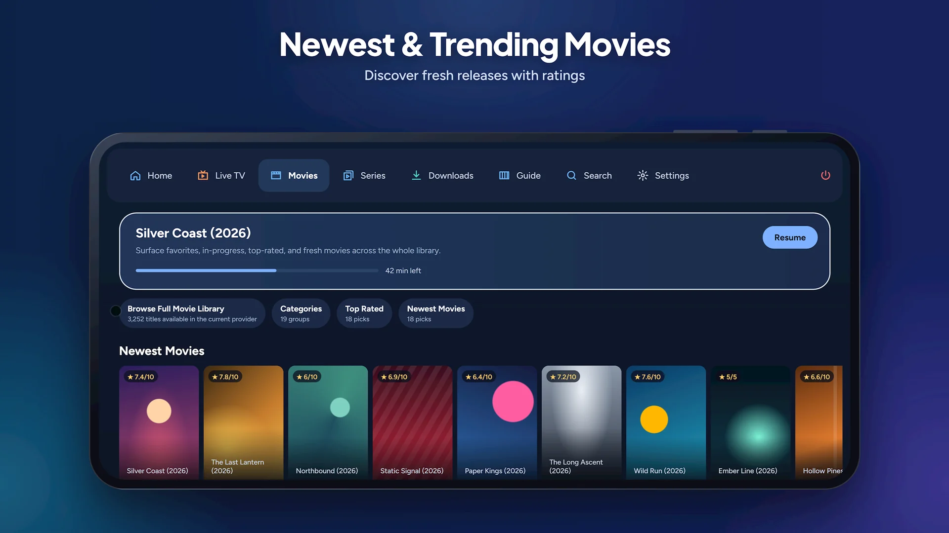 Phone — Movies: newest and trending titles with ratings, and resume where you left off