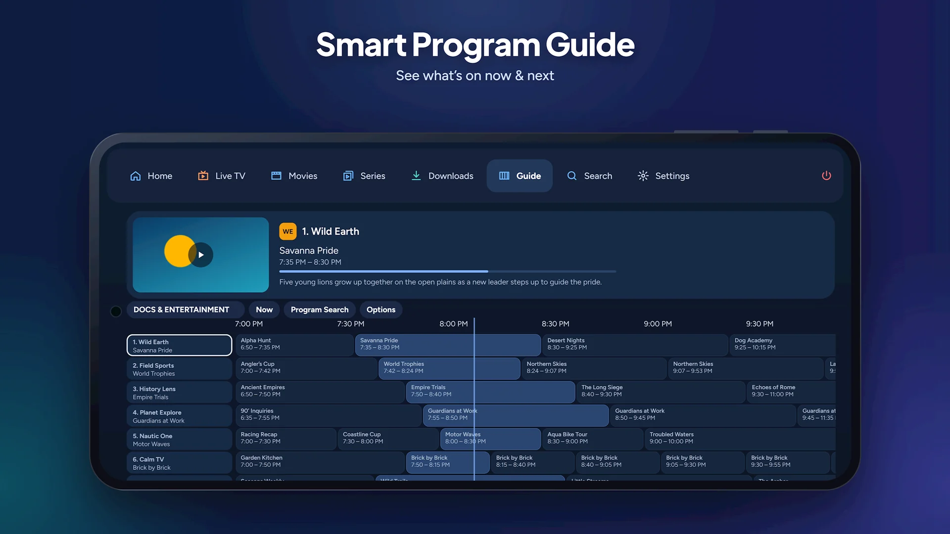 Phone — Program guide: a timeline of current and upcoming programs across channels