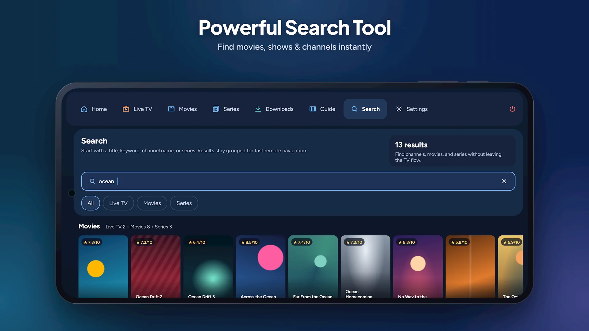 Phone — Search: one search across live TV, movies and series, with results grouped by type