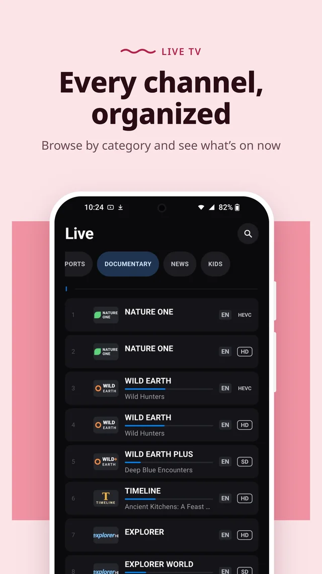 Live TV: channels by category, with what is on now