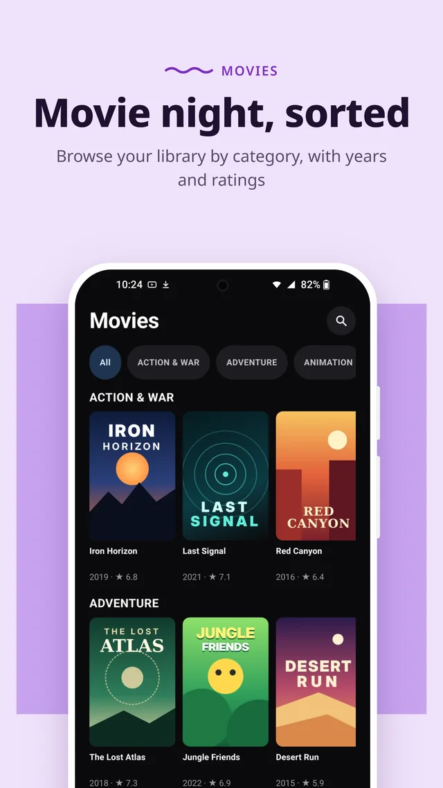 Movies: the library by category, with years and ratings