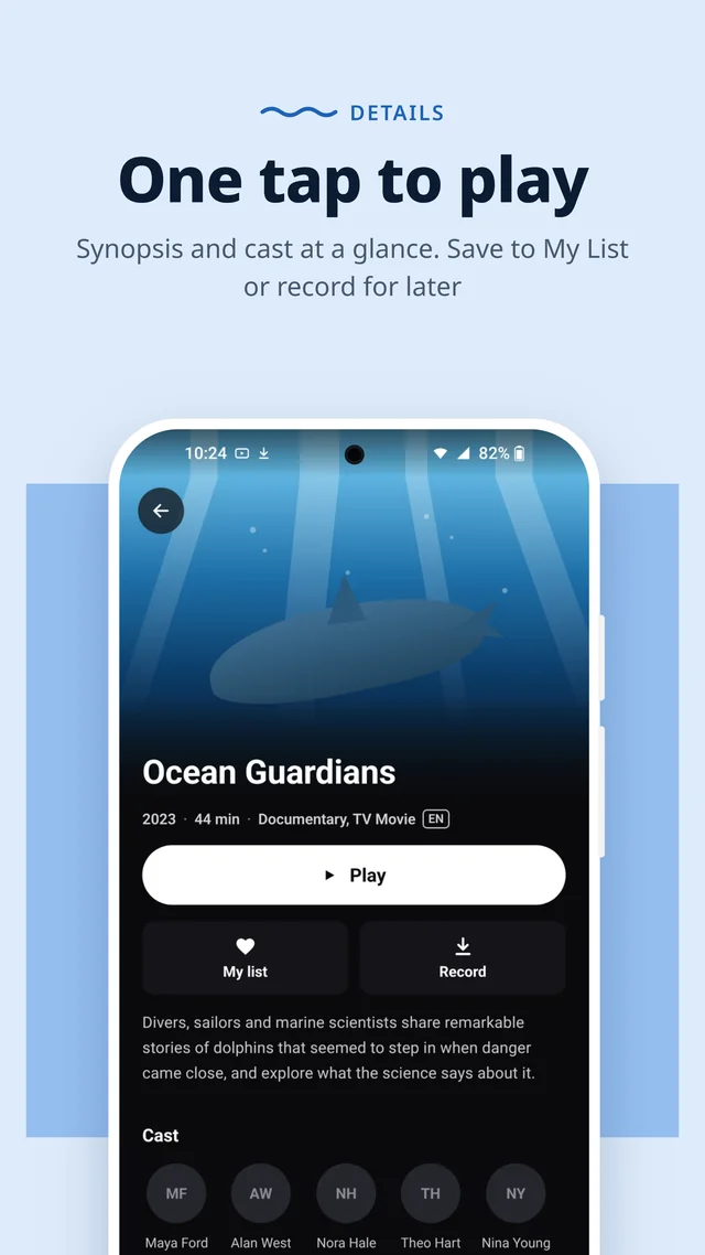 Details: synopsis and cast, with a one-tap Play button
